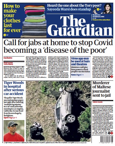 The Guardian (UK) Newspaper Front Page for 24 February 2021