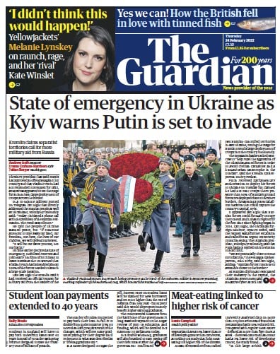 The Guardian Newspaper Front Page for 24 February 2022