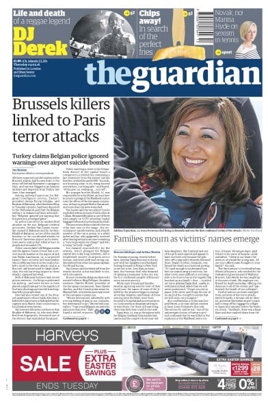 The Guardian Newspaper Front Page for 24 March 2016