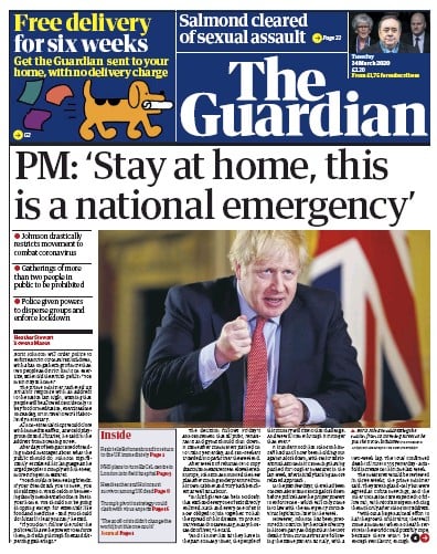 The Guardian Newspaper Front Page for 24 March 2020