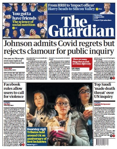The Guardian (UK) Newspaper Front Page for 24 March 2021