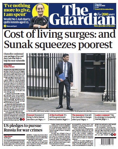 The Guardian Newspaper Front Page for 24 March 2022