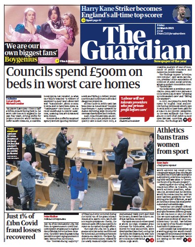 The Guardian (UK) Newspaper Front Page for 24 March 2023