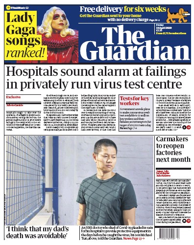 The Guardian Newspaper Front Page for 24 April 2020