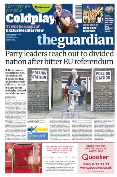 The Guardian Newspaper Front Page for 24 June 2016