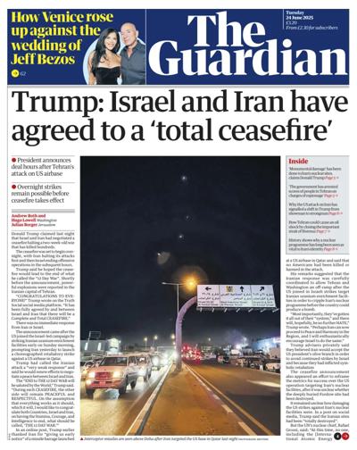 The Guardian (UK) Newspaper Front Page for 24 June 2025