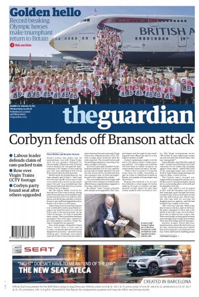 The Guardian Newspaper Front Page for 24 August 2016