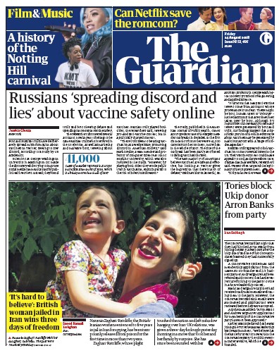 The Guardian Newspaper Front Page for 24 August 2018