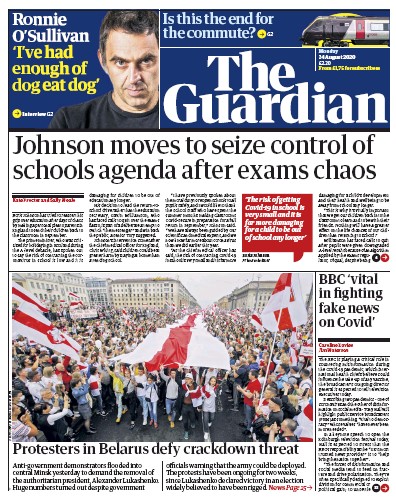 The Guardian Newspaper Front Page for 24 August 2020