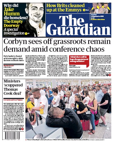 The Guardian Newspaper Front Page for 24 September 2019