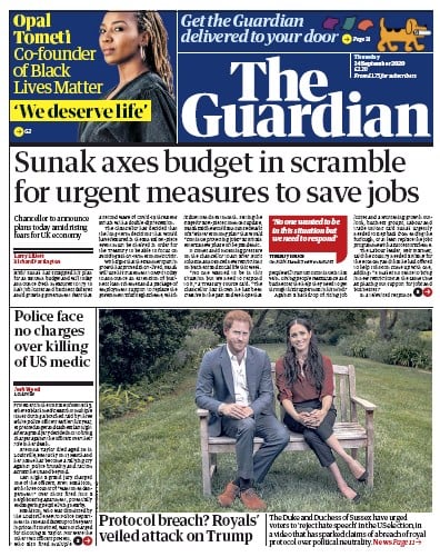 The Guardian Newspaper Front Page for 24 September 2020