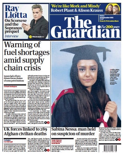 The Guardian (UK) Newspaper Front Page for 24 September 2021