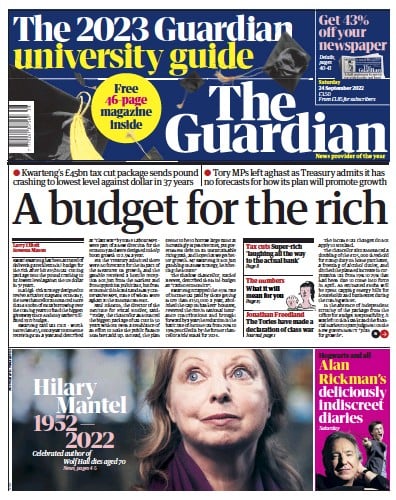 The Guardian (UK) Newspaper Front Page for 24 September 2022