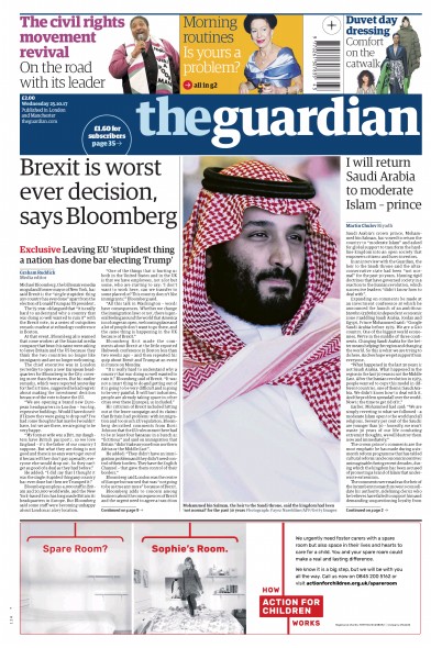 The Guardian (UK) Newspaper Front Page for 25 October 2017