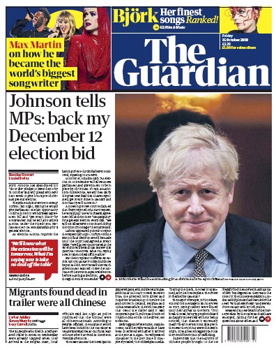 The Guardian (UK) Newspaper Front Page for 25 October 2019