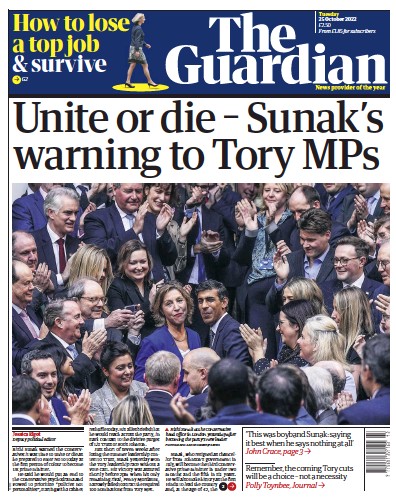 The Guardian (UK) Newspaper Front Page for 25 October 2022