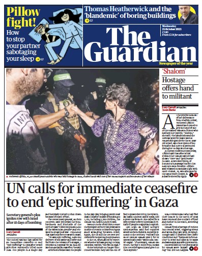 The Guardian (UK) Newspaper Front Page for 25 October 2023
