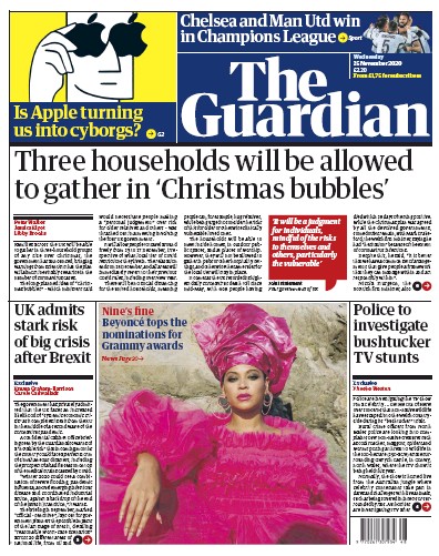 The Guardian Newspaper Front Page for 25 November 2020