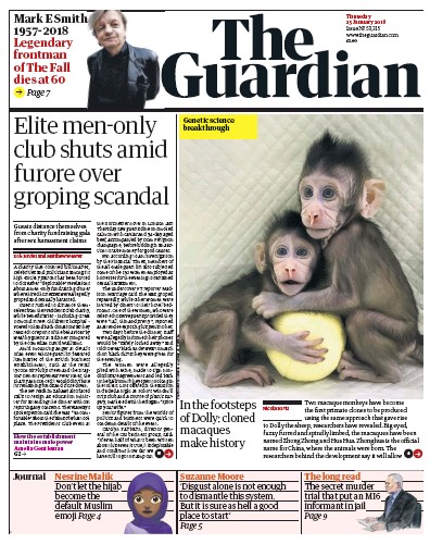 The Guardian (UK) Newspaper Front Page for 25 January 2018