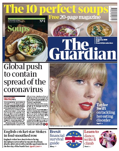 The Guardian (UK) Newspaper Front Page for 25 January 2020