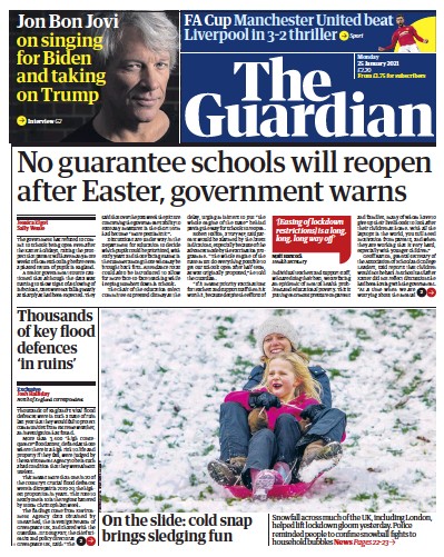The Guardian (UK) Newspaper Front Page for 25 January 2021