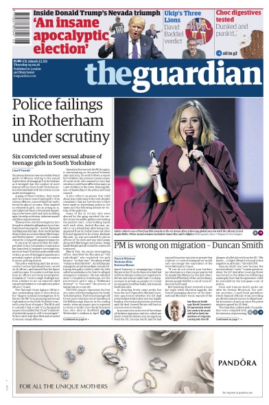 The Guardian Newspaper Front Page for 25 February 2016