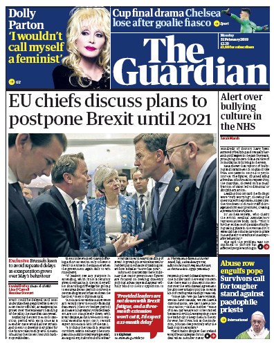The Guardian Newspaper Front Page for 25 February 2019