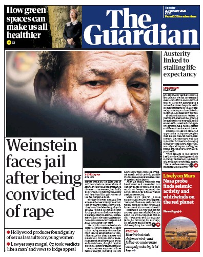 The Guardian (UK) Newspaper Front Page for 25 February 2020