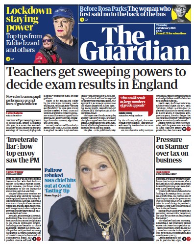 The Guardian (UK) Newspaper Front Page for 25 February 2021