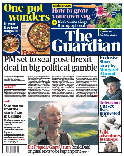 The Guardian (UK) Newspaper Front Page for 25 February 2023