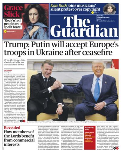 The Guardian (UK) Newspaper Front Page for 25 February 2025