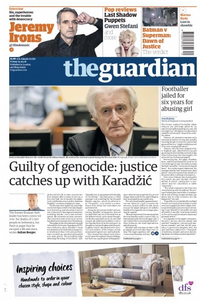 The Guardian Newspaper Front Page for 25 March 2016