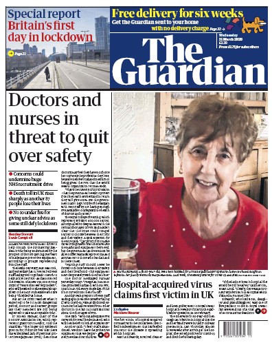 The Guardian Newspaper Front Page for 25 March 2020