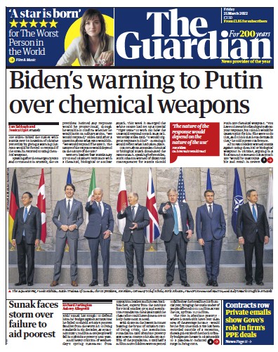 The Guardian (UK) Newspaper Front Page for 25 March 2022