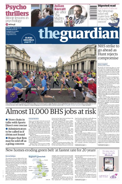 The Guardian Newspaper Front Page for 25 April 2016