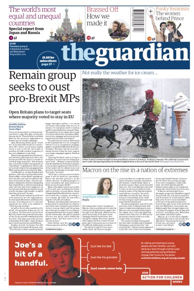The Guardian Newspaper Front Page for 25 April 2017
