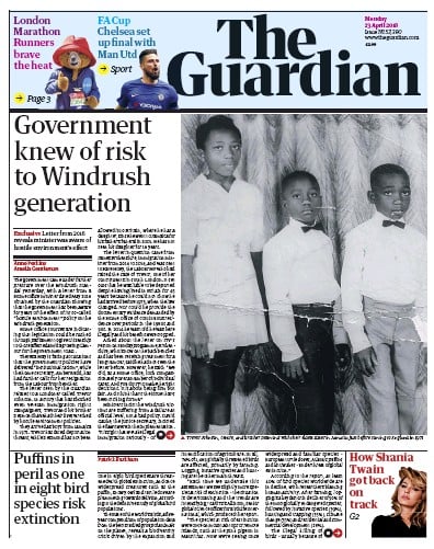 The Guardian (UK) Newspaper Front Page for 25 April 2018