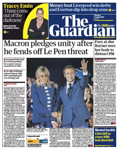 The Guardian Newspaper Front Page for 25 April 2022