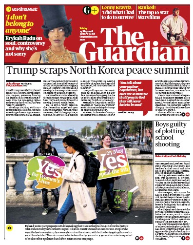 The Guardian Newspaper Front Page for 25 May 2018