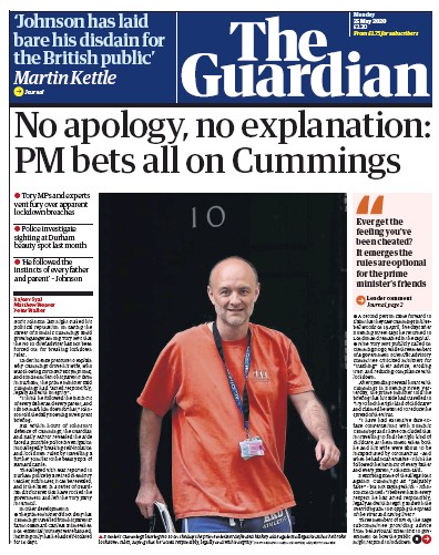 The Guardian Newspaper Front Page for 25 May 2020