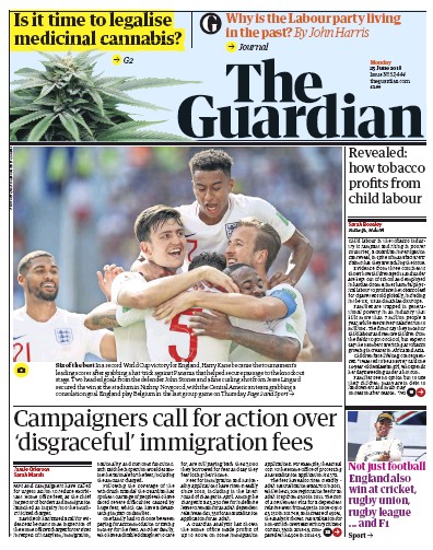The Guardian (UK) Newspaper Front Page for 25 June 2018