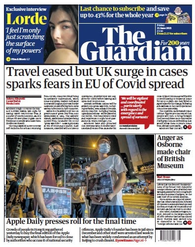 The Guardian (UK) Newspaper Front Page for 25 June 2021