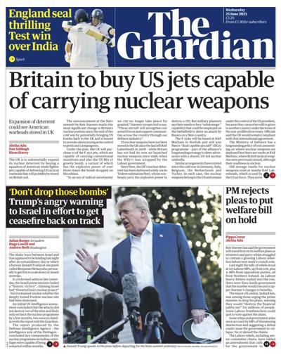 The Guardian (UK) Newspaper Front Page for 25 June 2025