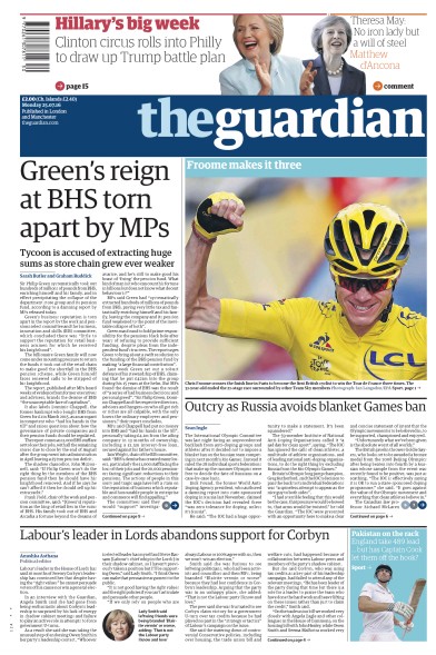 The Guardian (UK) Newspaper Front Page for 25 July 2016