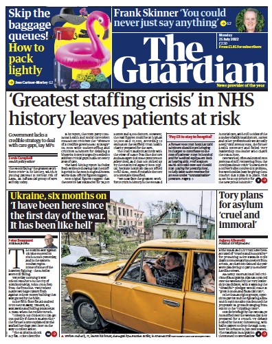The Guardian Newspaper Front Page for 25 July 2022