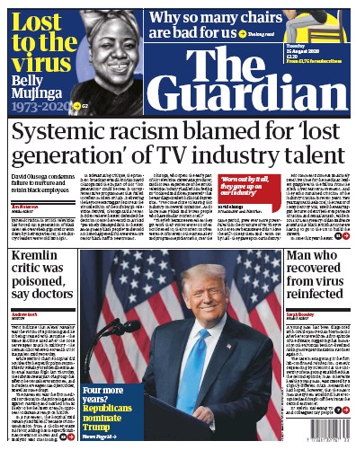 The Guardian Newspaper Front Page for 25 August 2020