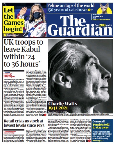 The Guardian (UK) Newspaper Front Page for 25 August 2021