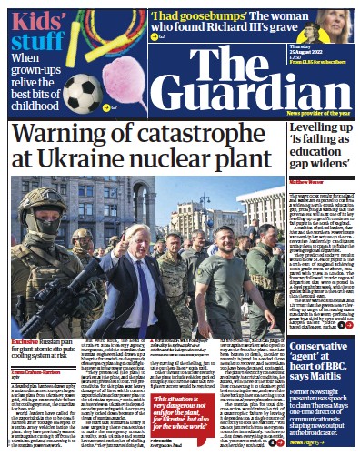The Guardian (UK) Newspaper Front Page for 25 August 2022