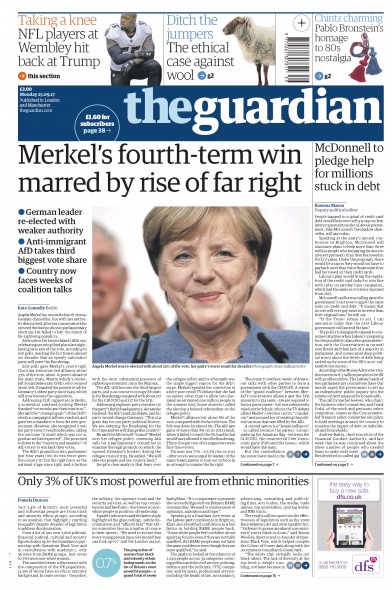 The Guardian Newspaper Front Page for 25 September 2017