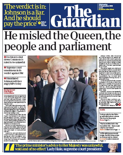 The Guardian Newspaper Front Page for 25 September 2019